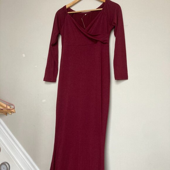 NWT LIU & QU Maternity Gown S Burgundy Off Shoulder Maxi Photography Dress - Picture 2 of 3